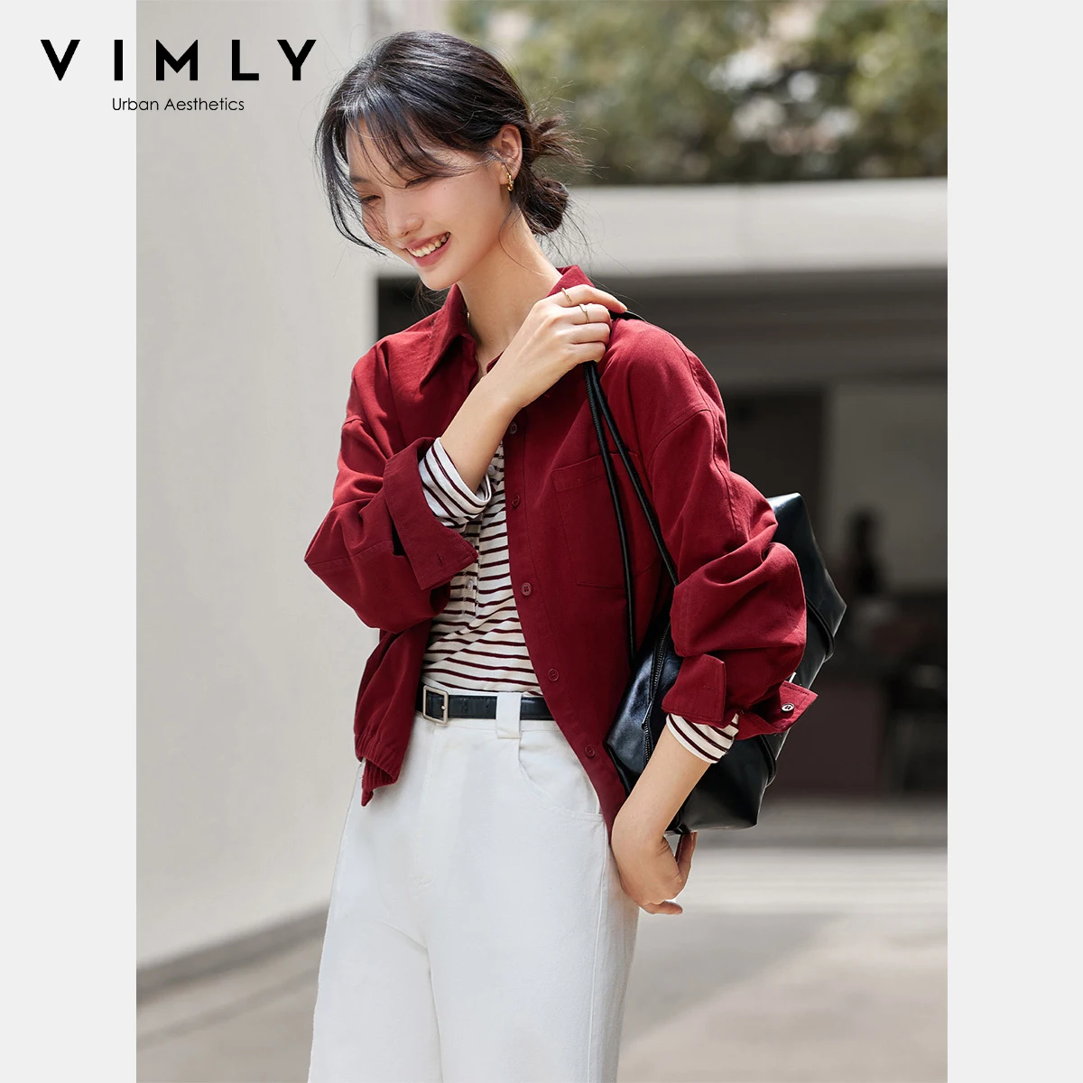 VIMLY Women's Autumn Red Jackets Long Sleeve Woman Fashion 2025 New Ruched Ladies Tops Button Turn-down Female Short Coats A2137