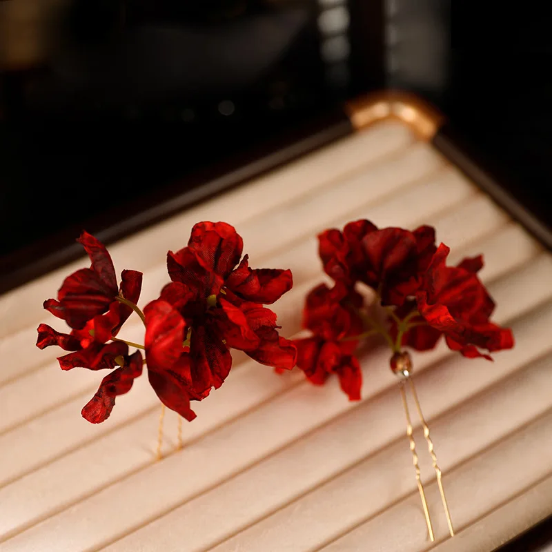 สีแดงอุปกรณ์เสริมผมงานแต่งงาน Barrettes ผ้า Rose ดอกไม้ Hairpin Duckbill คลิป Toast ชุด Headdress ดอกไม้ Headwear