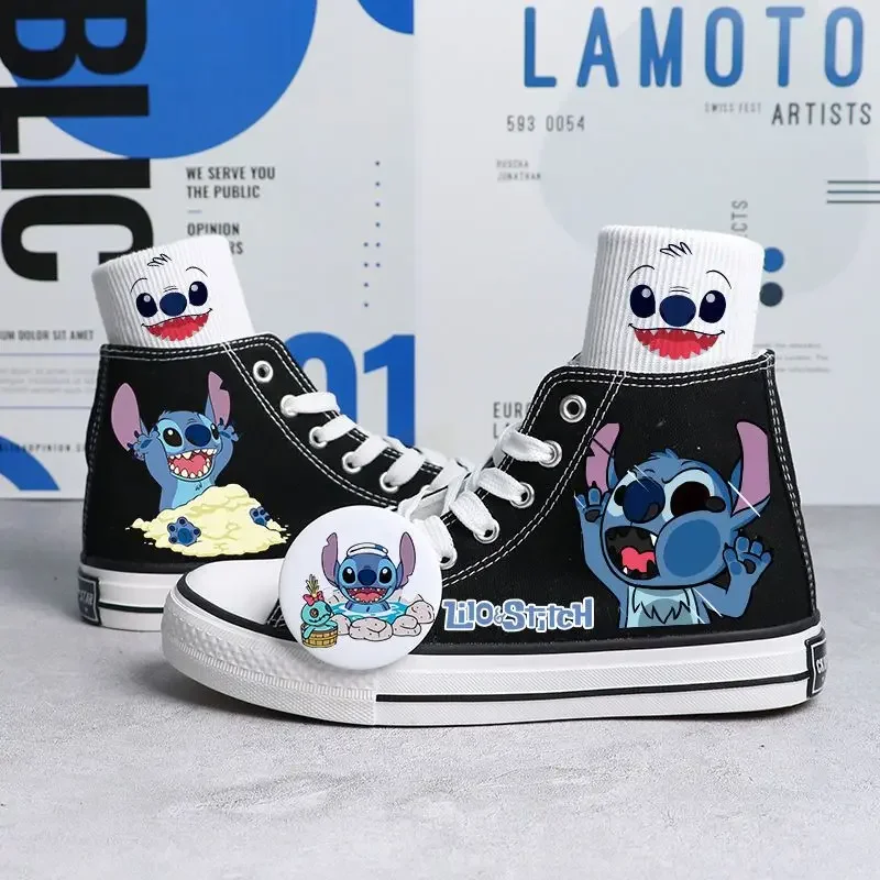 Disney Stitch scarpe da ginnastica in tela alte dipinte a mano scarpe casual per studenti scarpe sportive antiscivolo in tessuto per bambini di