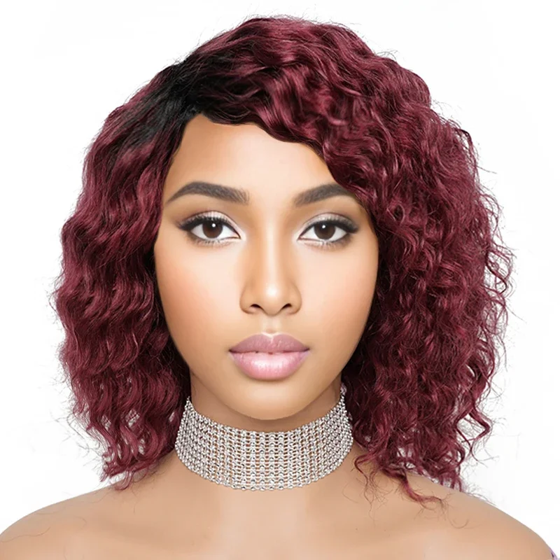 100% Human Hair Wig Deep Wave Curly Side Part Machine Made Full Wig with Bang Ombre Blonde Burgundy Ginger Natural Black Bobbi