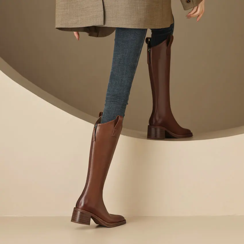 Dilalula 2025 Elegant Women Knee-High Boots Motorcycle Zipper Square Med Heels Genuine Leather Shoes Woman Size 34-39