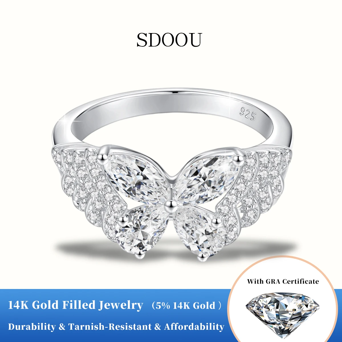 

Кольцо SDOOU 1/20 из 14-каратного золота с муассанитом в форме бабочки, женское, высококачественное, из серебра 925 пробы, для помолвки, вечеринки, подарок