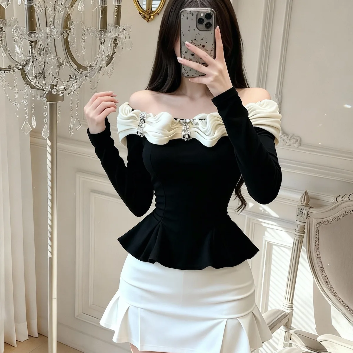 멋진 긴 소매 원숄더 베이스 셔츠 여성 패션 가을 겨울 단색 티셔츠 아름다운 이너웨어 베이스 셔츠