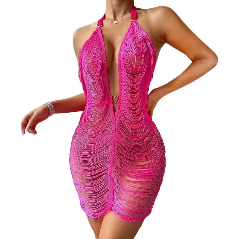 Women's Sexy Halter Neck See-Through Dress, Beach Swimsuit Cover Up, Transparent Tassel Dress, Nightclub Bodycon Dress