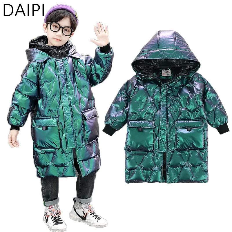 

Winter Fashion Big Children's Jacket Coat Mid-Length Bright Cotton Down Kids Handsome Outdoors Warm Boys Parker Clothing