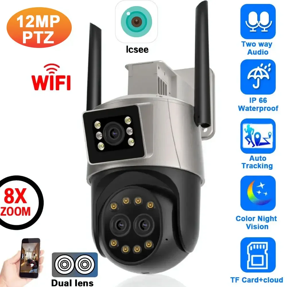 

Auto Tracking 12MP Wifi PTZ IP Security Camera Outdoor Three Lens 8X Zoom Wireless CCTV Surveillance Camera Color Night Vision