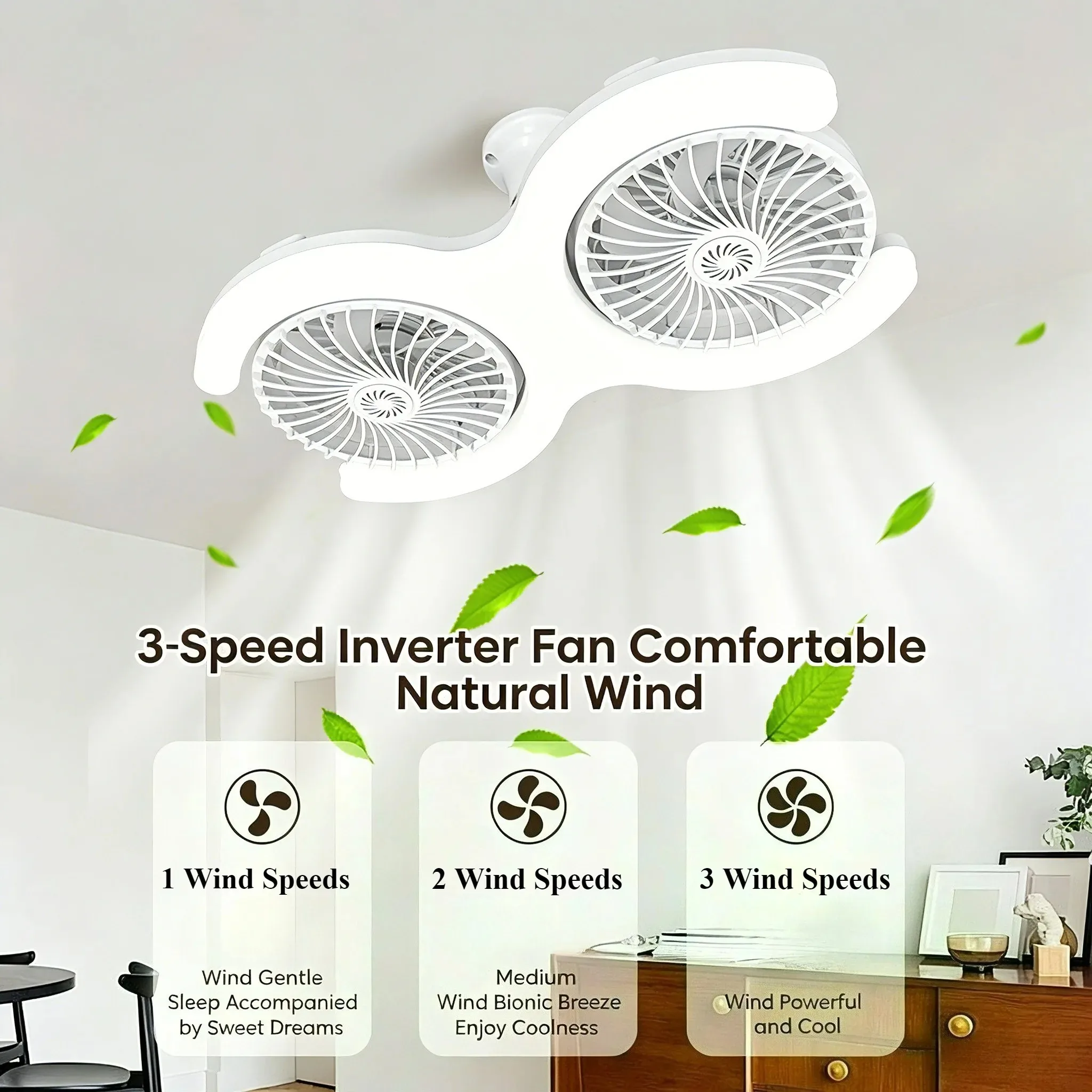 Double Head E27 Ceiling Fan Light with Remote Control Adjustable Angle and Silent Design Suitable for Bedrooms and Living Rooms