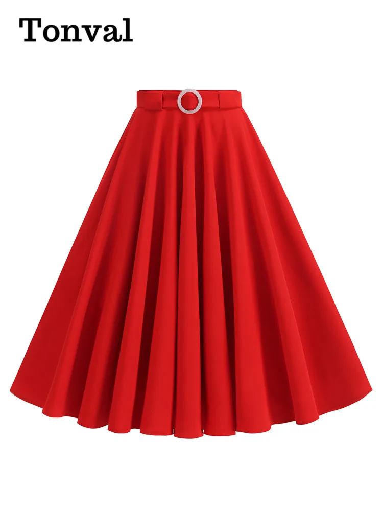 Tonval Red Plain Vintage Style Swing Mini Skirts for Womens High Waist A-Line Belted Elegant Skirt