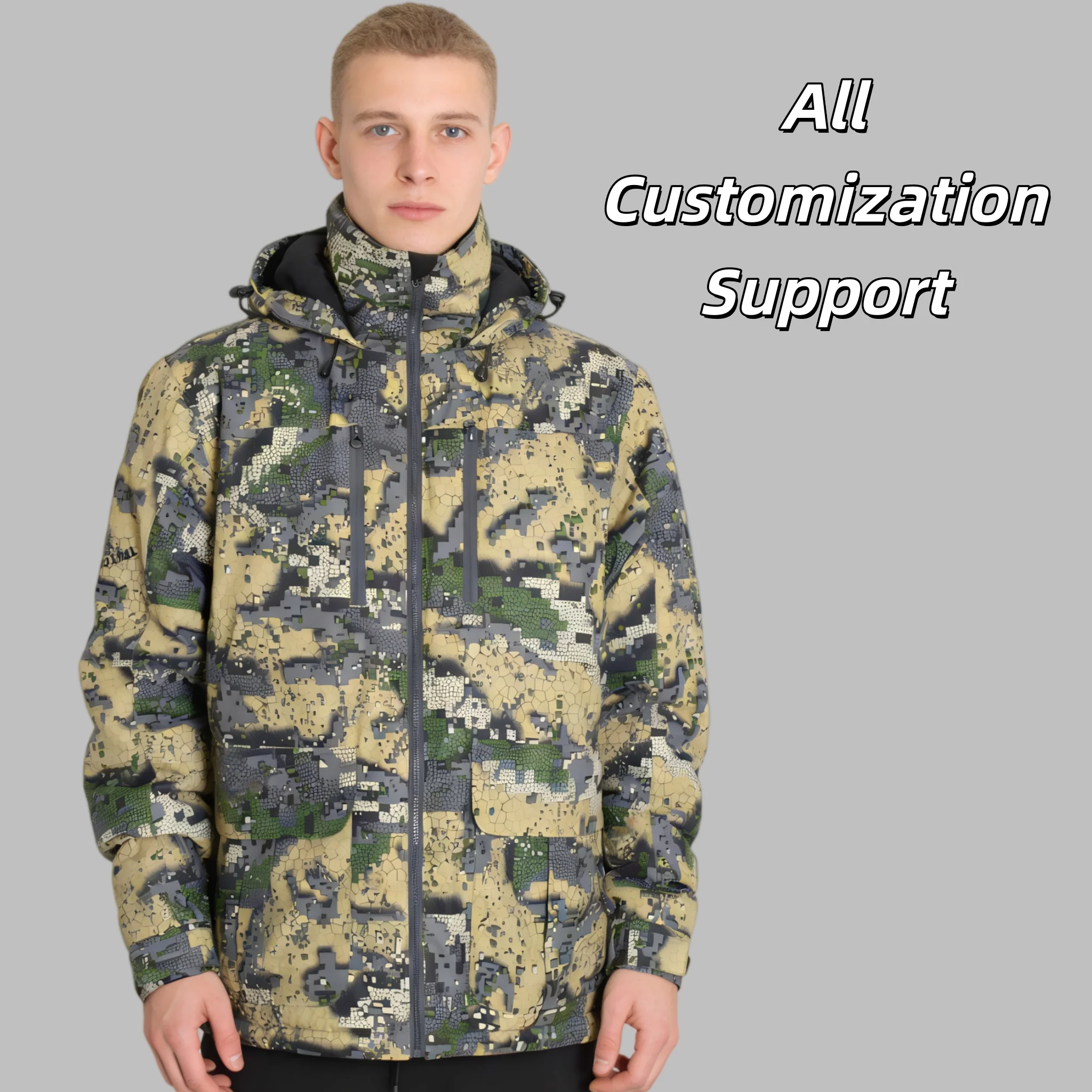 Men's Camo Polyester Twill Stretch Waterproof Windproof Hunting White Duck Down Stuffed Jacket