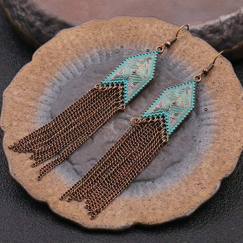 New Silver Color Chain Earrings for Women Vintage Ethnic Antique Carved Geometric Gypsy Long Earrings Indian Jhumka Jewelry Gift