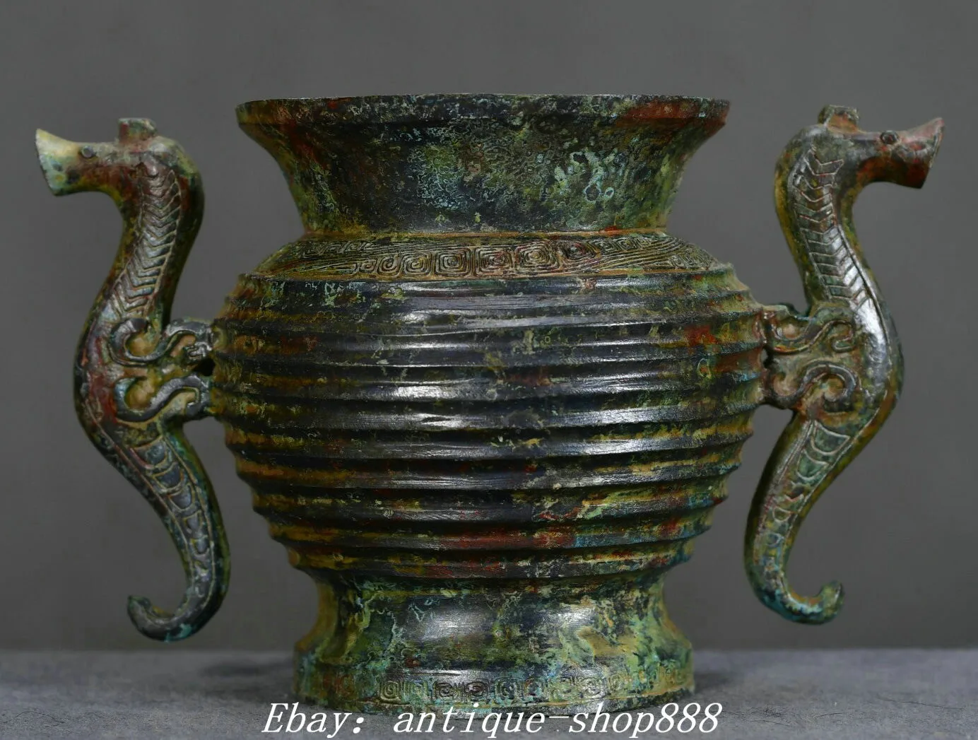 

8.6 inch Western Zhou Dynasty Bronze Utensils Dragon Beast Binaural Vase Vase -