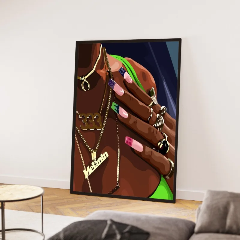 Hip Hop Black Girl Gold Jewelry Poster Print Beautiful Woman Hair Canvas Painting Afro Wall Art for Club Living Room Home Decor view 2