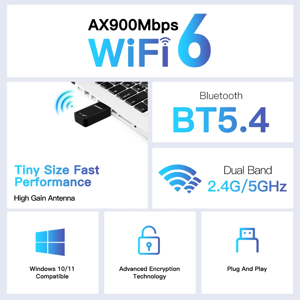 Fenvi WiFi 6 AX900 USB Bluetooth 5.4 Adapter 2 in 1 Dongle Dual Band 2.4G 5G USB WiFi Network Card Wireless Receiver Driver Free