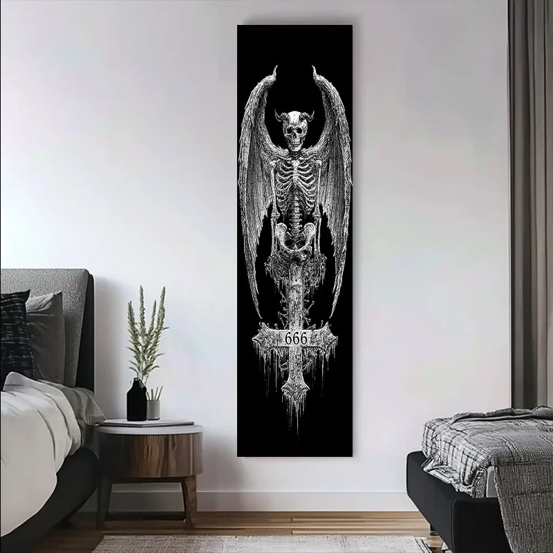 VIKAMA Dark Devil Wings Skull Reverse Cross Tapestry - Long Strip Wall Hanging, Gothic Aesthetic Room Decor for Men