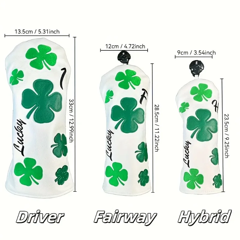 ปลอกคลุมหัวไม้กอล์ฟลายโคลเวอร์สุดหรู - สีขาวทนทานพร้อมลายโคลเวอร์สี่แฉกสีเขียว ป้องกันรอยขีดข่วน
