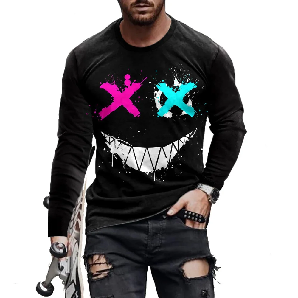MenBlack Pink Cyan Splatter Smiley Face Print Long Sleeve Shirt XX Eyes Streetwear Casual Crewneck Breathable Trendy Premium Top