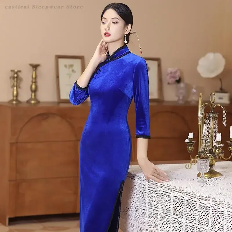 

Осень-зима, новое Cheongsam, большие размеры, банкетное свадебное платье, модное бархатное платье для похудения, женское платье, винтажное китайское Ципао 5XL