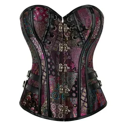 Purple Corset Steampunk Women Bustier Top Gothic Sexy Jacquard Vintage Overbust Corselet Plus Size