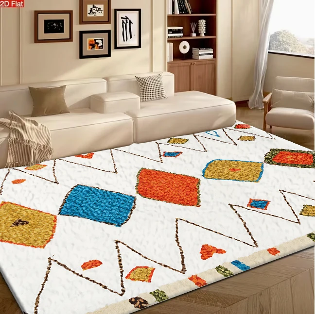 Bohemian Tribal Diamond and Zigzag Pattern Carpet Flooring for Living Room Bedroom Ethnic Style Non Slip Washable Soft Floor Mat