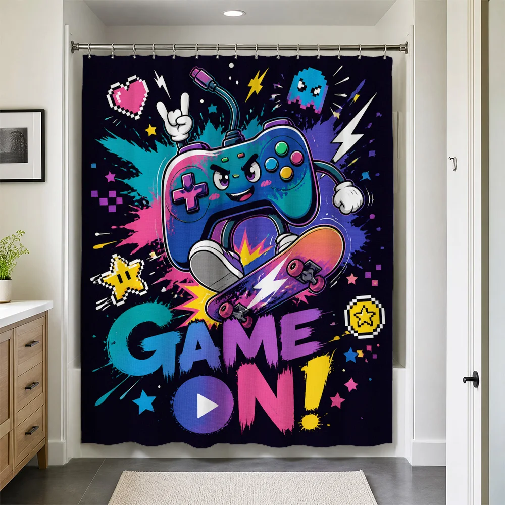 Waterproof Gaming Shower Curtain Retro Arcade Video Game Decor Pop Culture Controller Art Fun Bathroom Curtain Home Accent