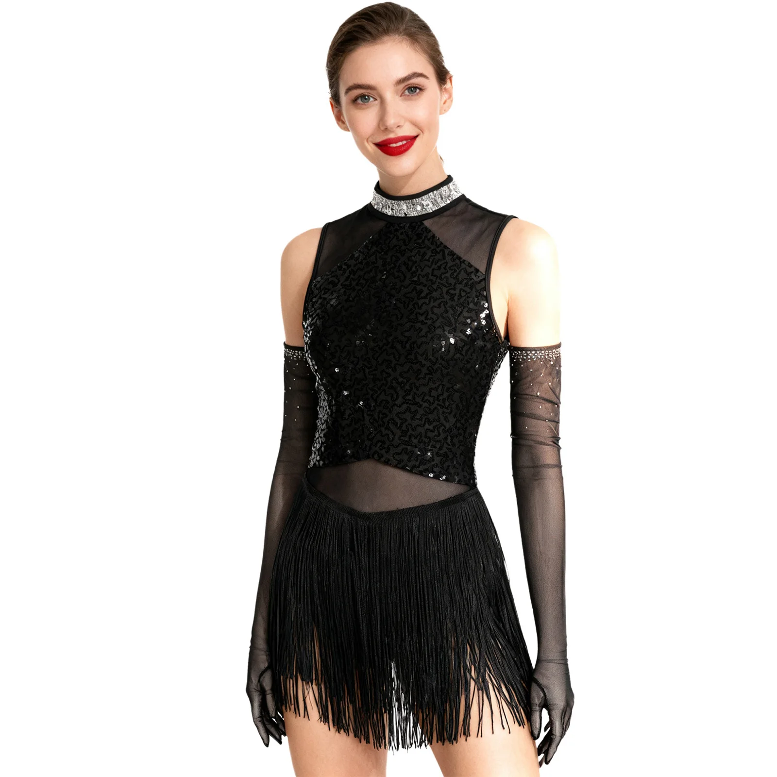 

Women Dazzling Latin Dance Dress Crystal Rhinestones Cascading Fringe Dresses with Gloves Set Elegant Tango Ballet Latin Costume