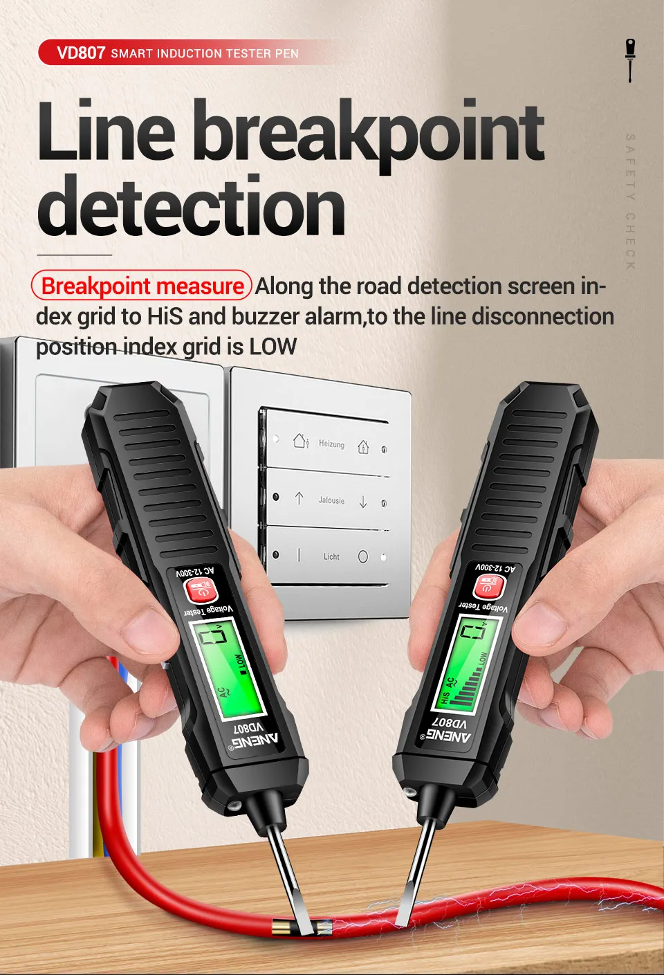 ANENG VD807 One-word Induction Tester Portable 50/60Hz Smart Electric Pen NCV Sensor AC 12-300V Non-contact Wire Detector Tools