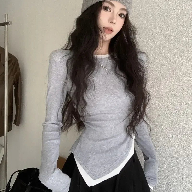 

Nice Casual Solid Color Long Sleeve Pullovers Women's Clothing Spring Autumn Slim Undercoat Irregular Tops Ladies Black T-Shirts