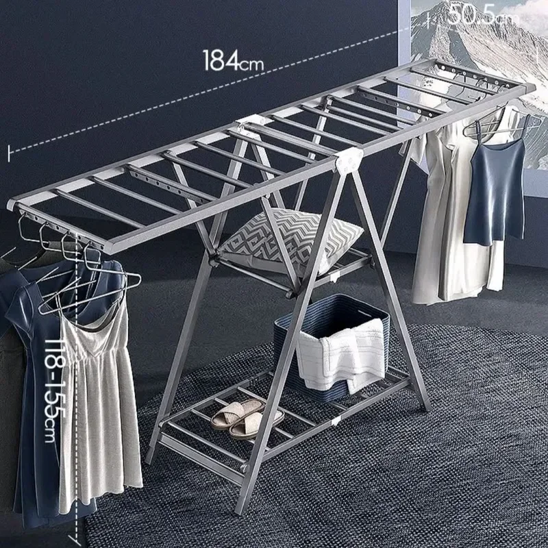 Aluminum Alloy Floor Standing Clothes Drying Rack Foldable Indoor Balcony Laundry Hanger for Quilts and Heavy Garments