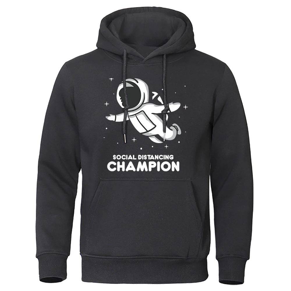 Cartoon Astronaut Social Distancing Champion Hoody For Men Loose Pocket Sweatshirt Warm Fleece Hoodies Comics O-Neck Men Clothe