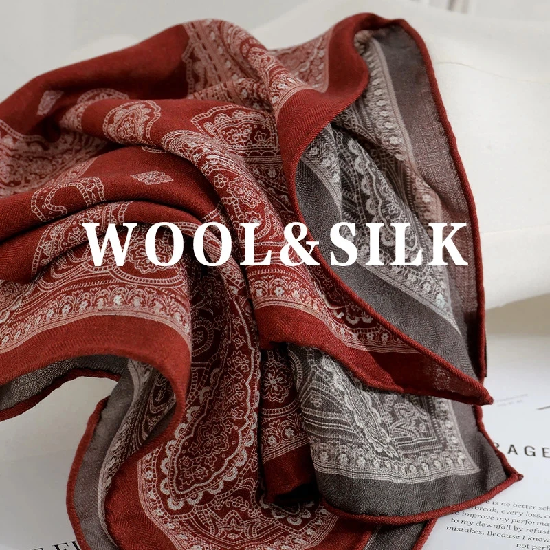 

70% Wool 30% Real Silk Scarf for Women Vintage Red Paisley Shawls Wraps Neck Scarves Female Hijab Muffler Ladies Accessory