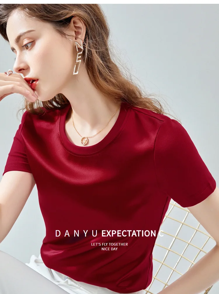 

Summer glossy satin women casual top Short sleeve silk plus size t shirt streetwear