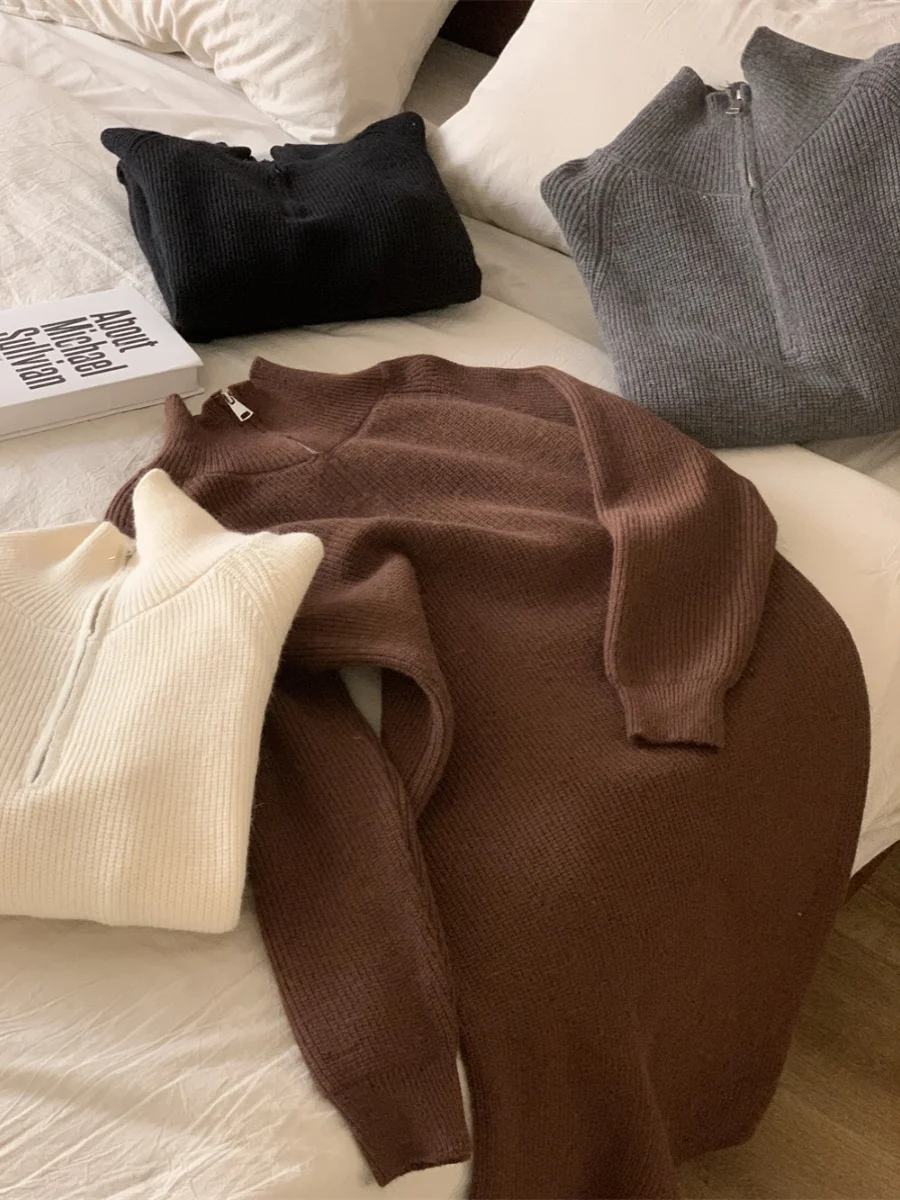 Long Sve محبوك Dr V-Ne Camere تقليد ناعم دافئ طويل Dr سحاب طوق تخفيف Sle عادي رقيق نقي C...