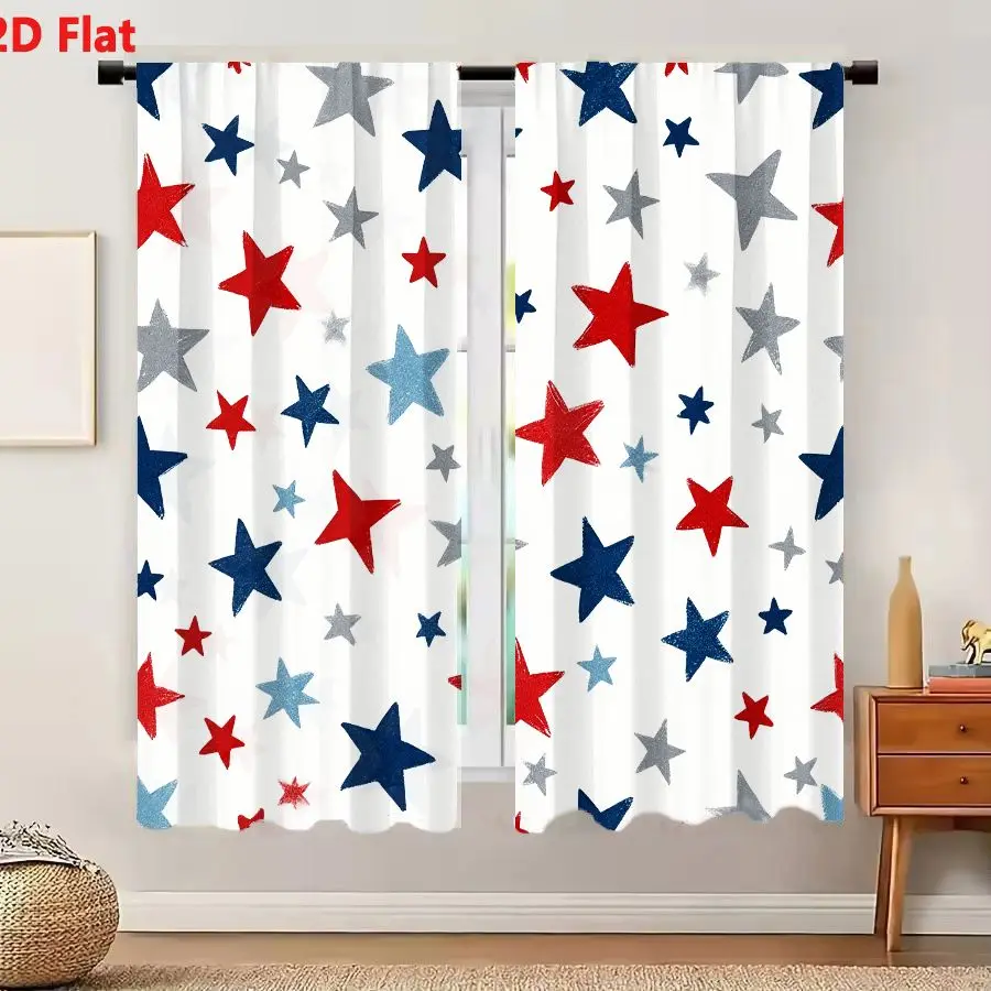 2Pcs Curtains 2D Flat Seamless Pattern With Hand-Painted Five-Pointed Stars In Red Blue And Grey On White Background Window Drap