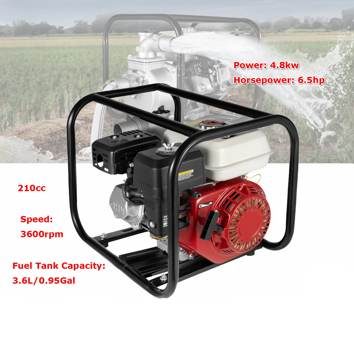 Gasoline Water Pump 6.5HP 4 Stroke 210CC 2 Inch Petrol Water Transfer Pump Irrigation Pump for Farmland Water Transmission