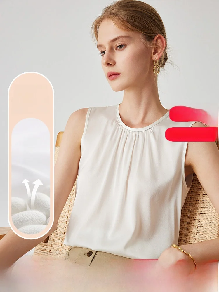 

Zhaojun Spring Summer New Pure Color Simple Women's round Ne Svel Silk Vest True Silk Tank Top Straight Cut Commute S...