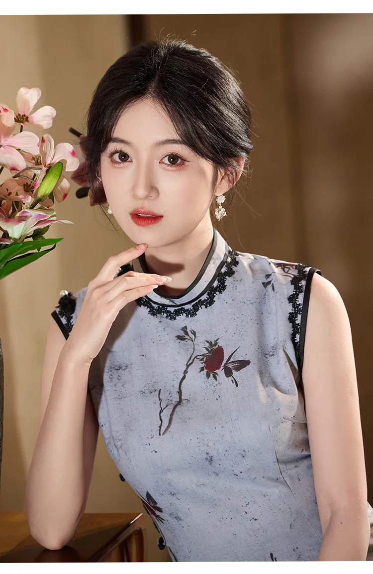 

Летнее платье Cheongsam без рукавов с длинной вышивкой, модное улучшенное вечернее платье Ципао в китайском стиле для женщин