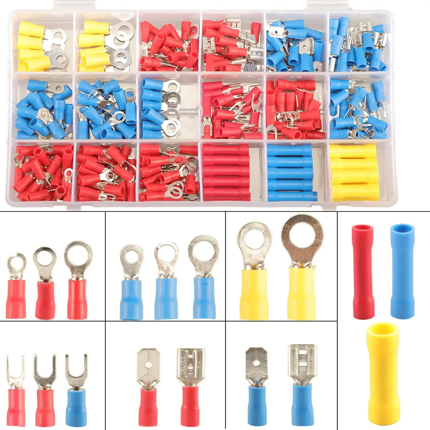 300PCS Insulated Wire Crimp Connectors Assortment Kit with Ring, Spade, Butt, Quick Disconnect, Crimp Automotive Cable Terminals