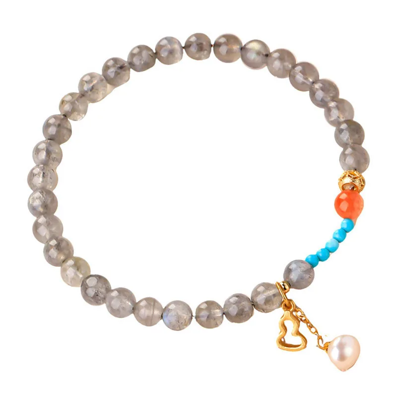 Natural Gray Moonstone Crystal Double Wrap Bracelet with Amber and Pearls Chinese Style Hand Jewelry for Hanfu Gifts