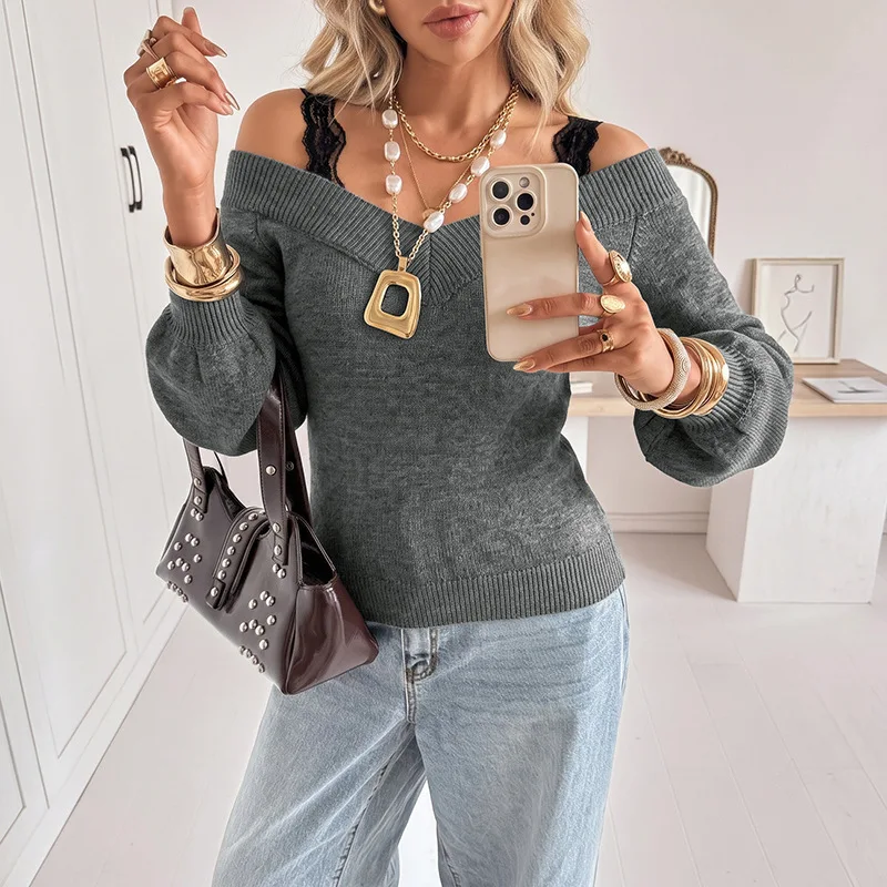 Casual V-nekc Lantern Sleeve Loose Sweater Female Vintage Knit Tops Autumn New Off Shoulder Lace Patchwork Kint Pullovers Women