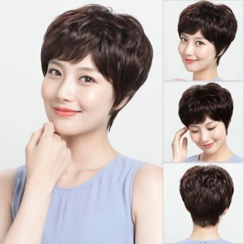 

- Headpiece Realistic Full Wig for Middle-Aged and Elderly, Short Curly Hair, Fluffy, High-Temperature Fiber