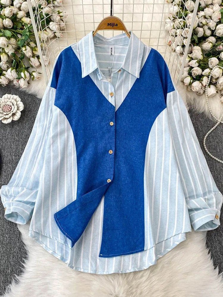 

Korean Design Loose Fit Striped Long Sve Collar Women's irt Summer New Sle Slimming Top Faion Commute