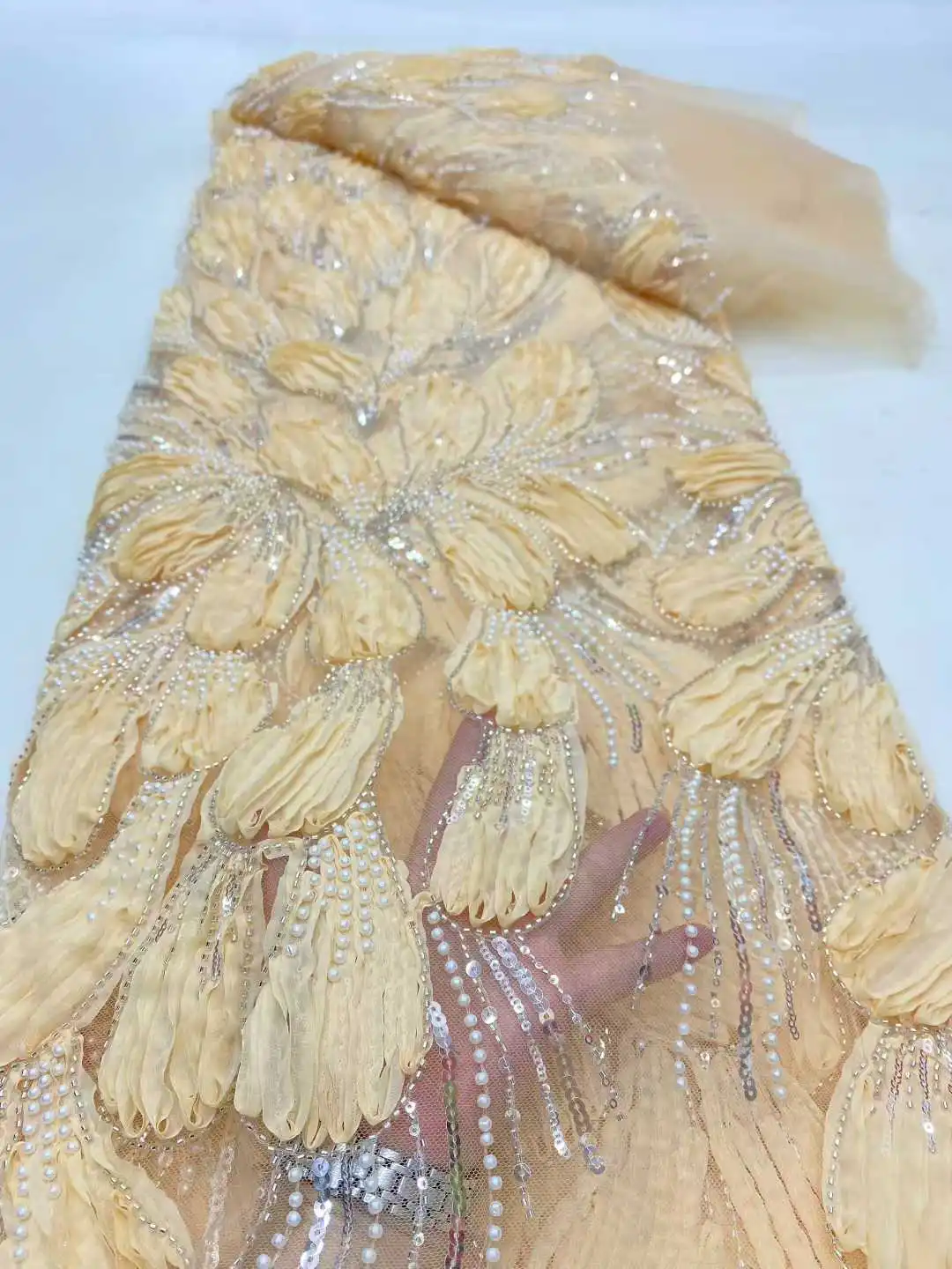 5 Yards African Lace Fabric 2025 High Quality French 3D Flower Sequins Embroidery Beads Tulle Lace Fabric For Party Dress