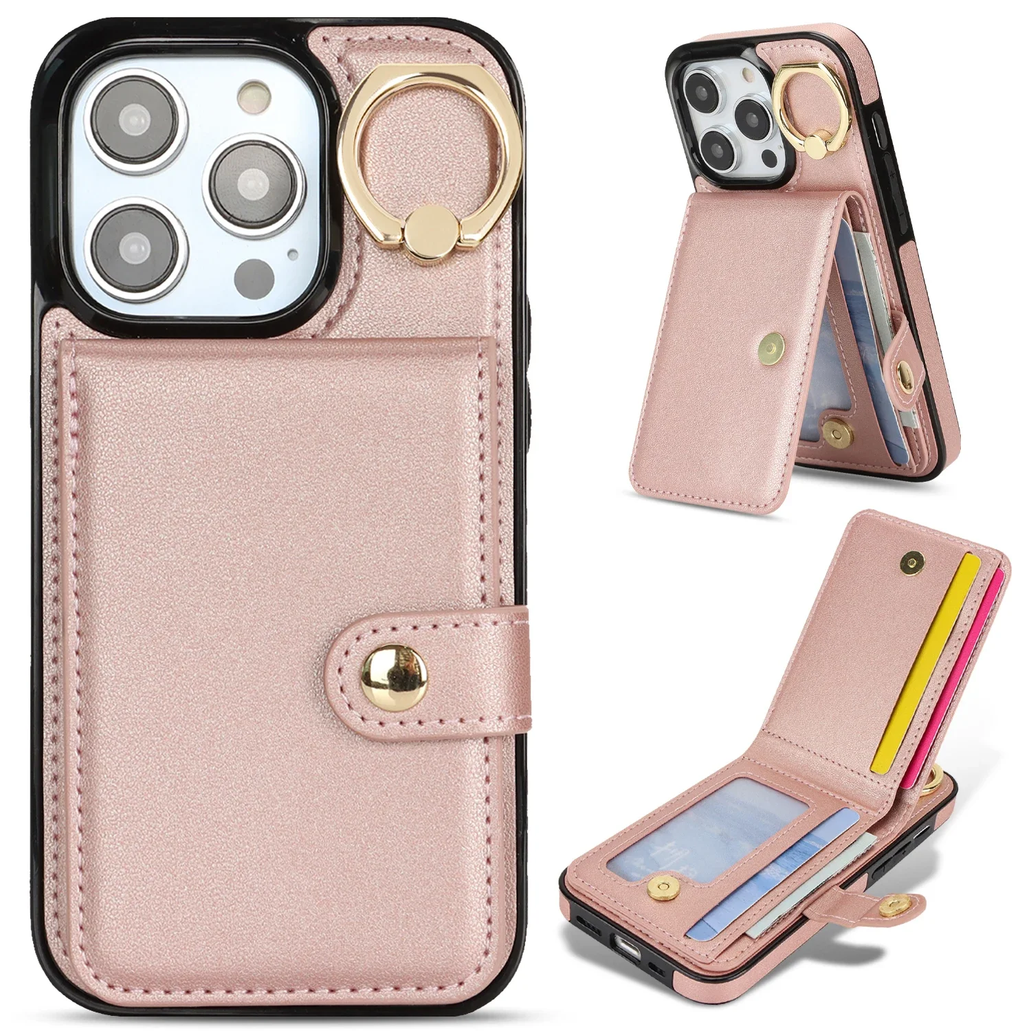 

Ring Holder Vertical Cards Solt Leather Wallet Case For iPhone 15 Pro Max 14 Plus 13 12 11 XR XS 7 8 SE 2022 Stand Bag Cover