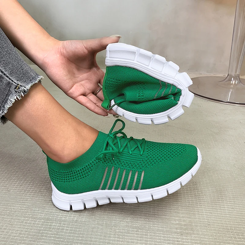 Lucyever Lightweight Soft Sole Sneakers for Women Autumn Green Breathable Mesh Flats Woman Comfort Slip On Running Shoes Female