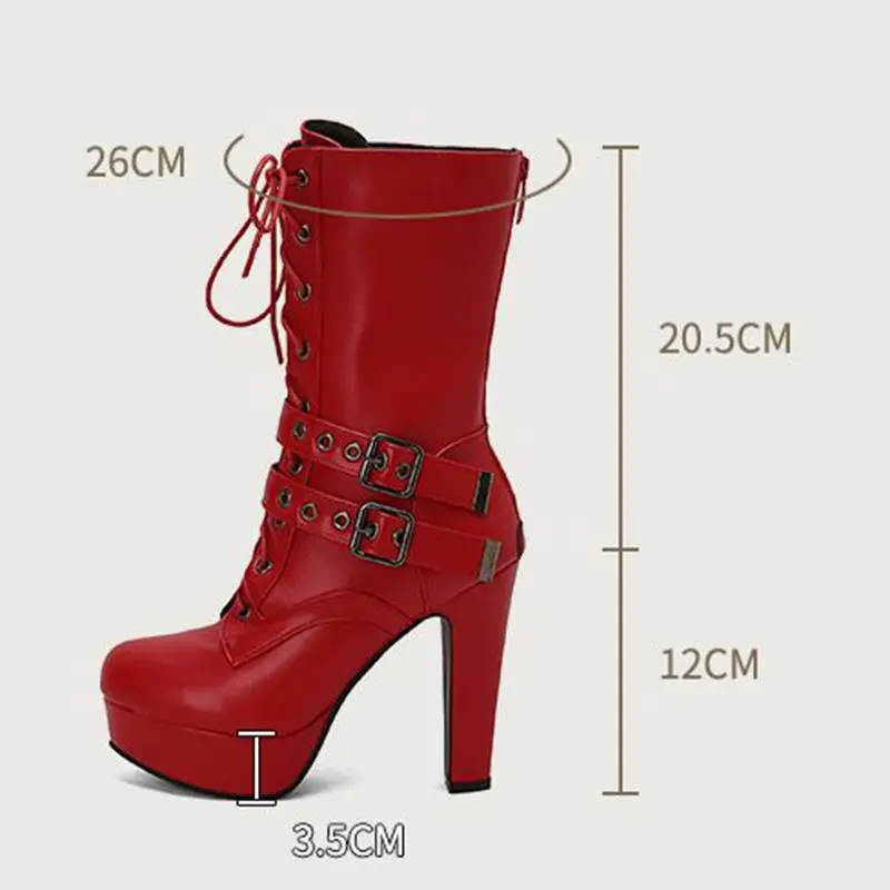 ASILETO Women Mid Calf Boots Round Toe High Heels 12cm Platform 3.5cm Zipper Lace Up Belt Buckle Plus Size 48 49 50 Party Bota