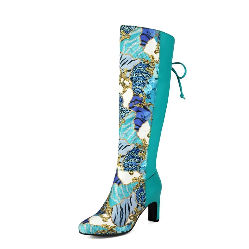 Brand Design Women's Knee Boots Round Toe 7.5cm Heel Mixed Flower Decor Floral Large Size 35-44 Fashion Dating Knee High Booties - view 5