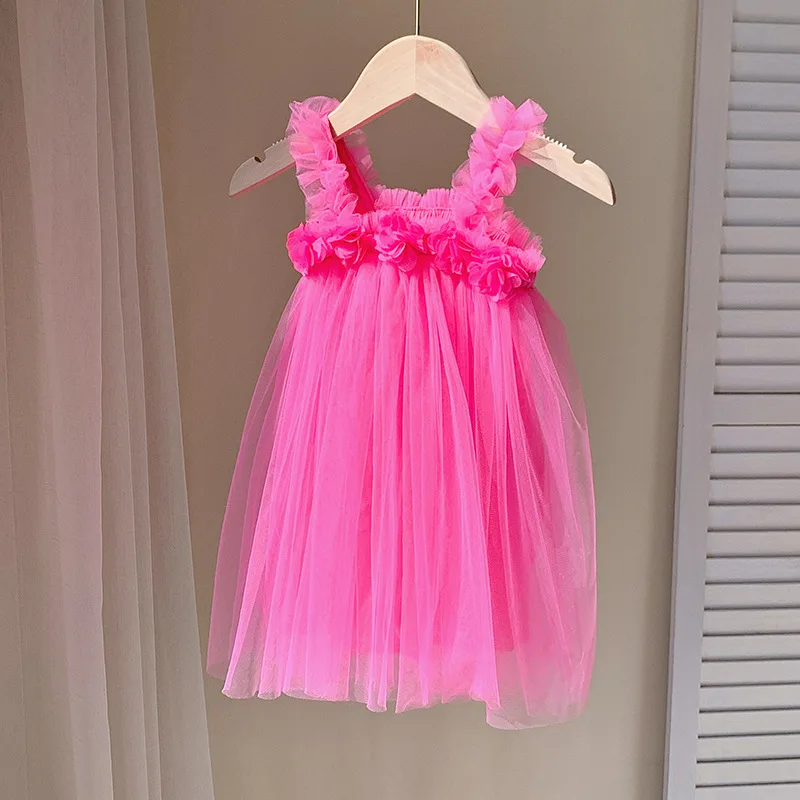 2024 New Summer Kids Girl Dress 3D Flower Sling Sweet Beauty Children\'s Mesh Solid Color Baby Girls Beach Princess Fluffy Skirt