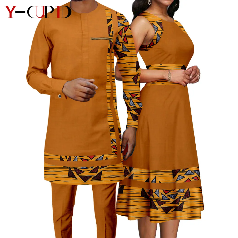 African Clothes for Couples Bazin Riche African Dresses for Women Match Men Outfits Dashiki Patchwork Top and Pants Sets Y22C022