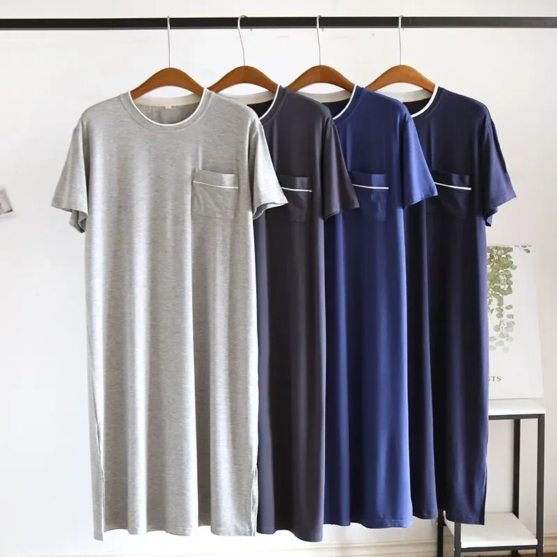 Camisón de manga corta para hombre, ropa de dormir de una pieza, vestido Modal de longitud media para el hogar, Verano