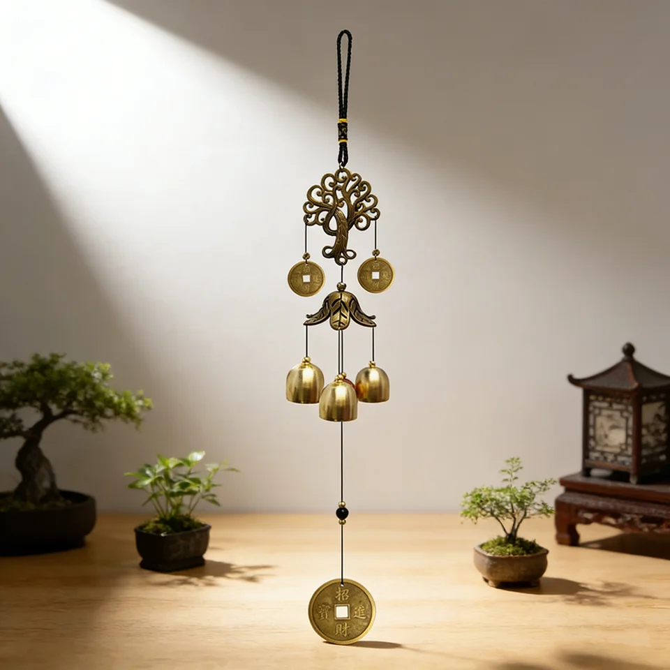 Campana de Viento Feng Shui para Exteriores con Diseño de Árbol de la Suerte y Monedas Zhao Cai Jin Bao, Campanas de Latón que Resuenan para la Riqueza y Decoración del Hogar